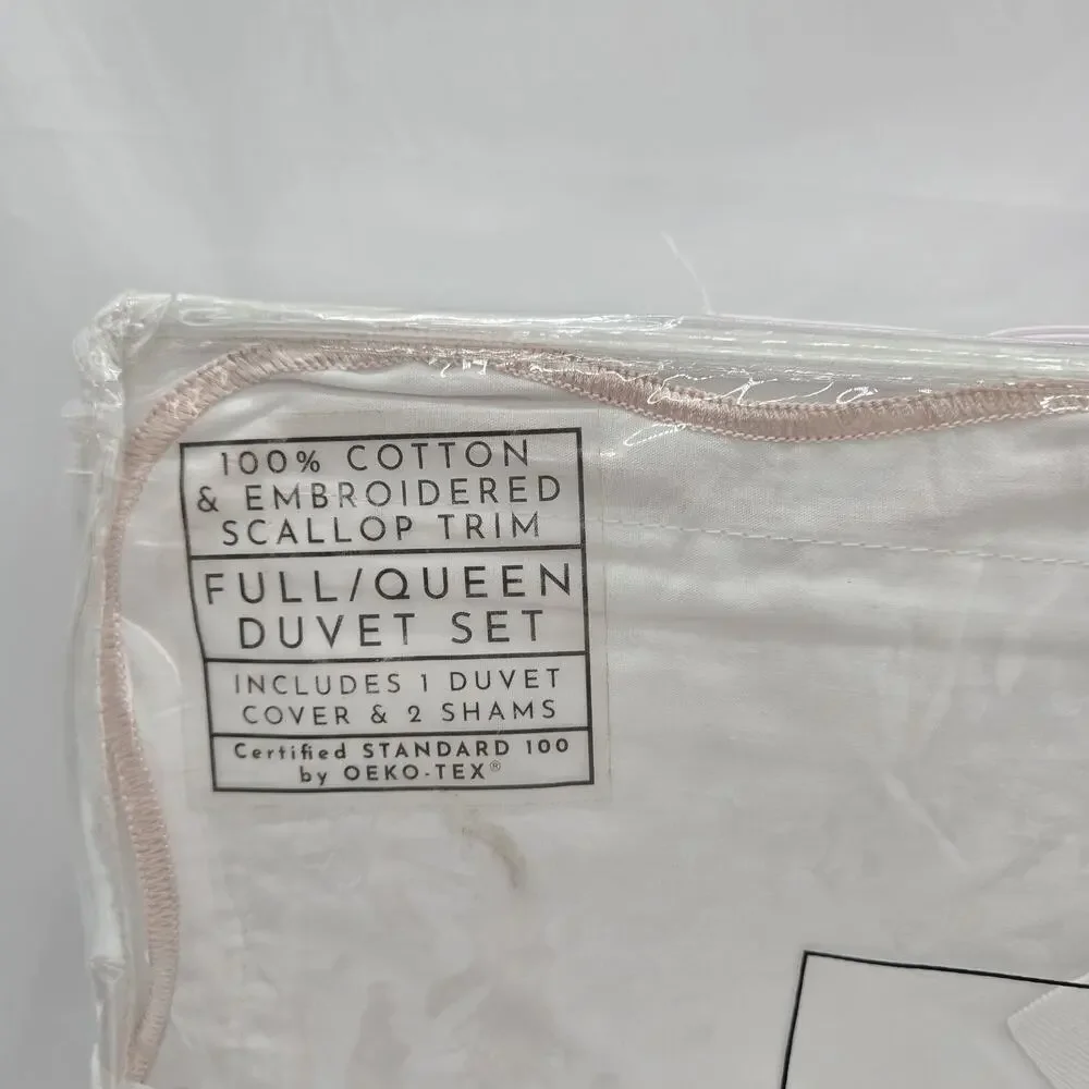 Hotel Collection Duvet Set QUEEN FULL White Embroidered Scalloped Trim Cotton